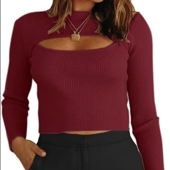 Women's Ribbed Cutout Sweater - Red - Picture 1 of 4